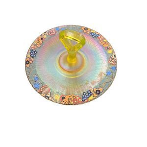 Antique Tiffin stretched iridescent carnival glass hand painted serving tray, sm